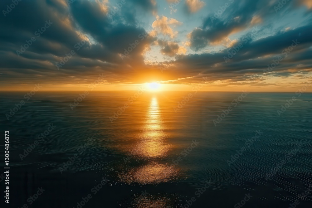 Fototapeta premium Sunset over calm ocean water with reflective sky and clouds, tranquil seascape, nature beauty, coastal landscape, serene evening, peaceful horizon.