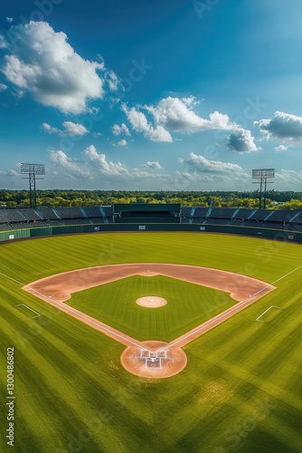 Baseball field aerial view with manicured grass, bright blue sky, and stadium lights, showcasing a vibrant sports venue ready for a game day experience.