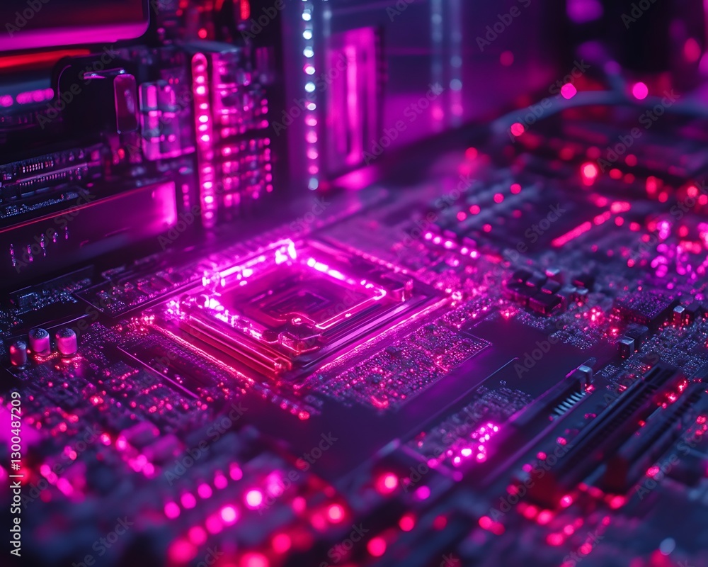 Obraz premium Glowing CPU on Circuit Board, Close-up