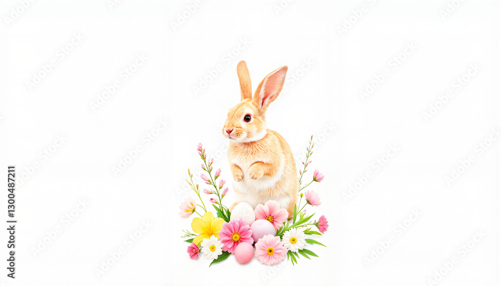 Obraz premium Rabbit surrounded by colorful flowers and Easter eggs
