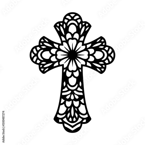 Simple cross icon, Christian cross symbol, outline shape