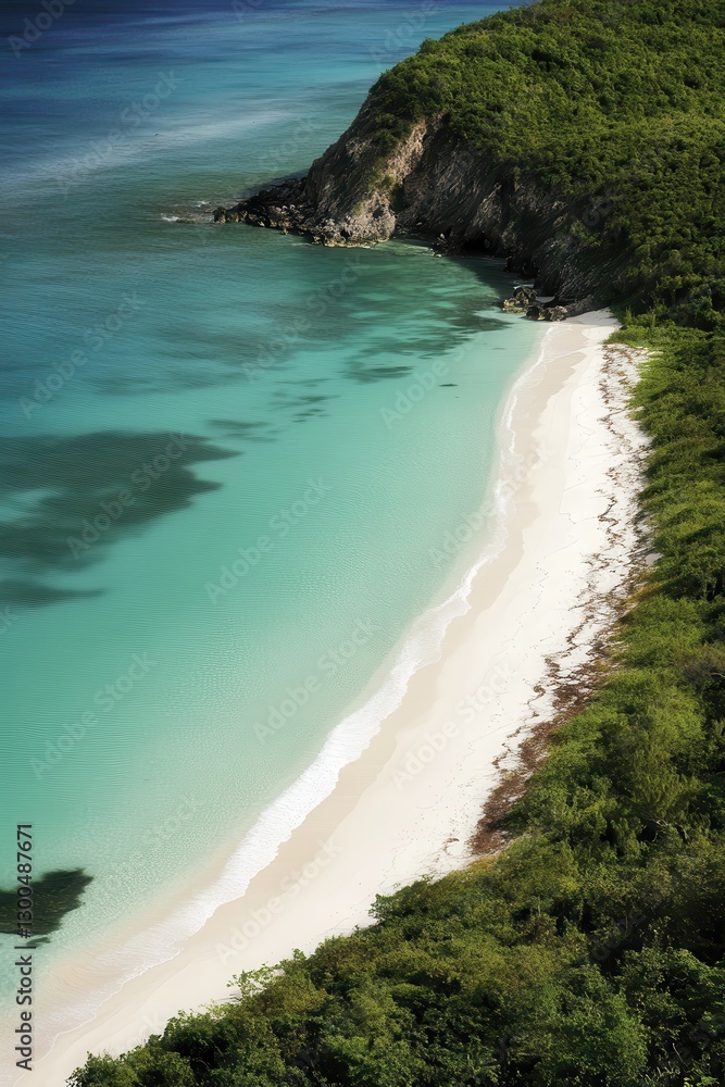 Obraz premium Beautiful tropical beach with white sand, clear turquoise water, lush green hills, serene landscape, travel destination, vacation getaway, nature paradise.