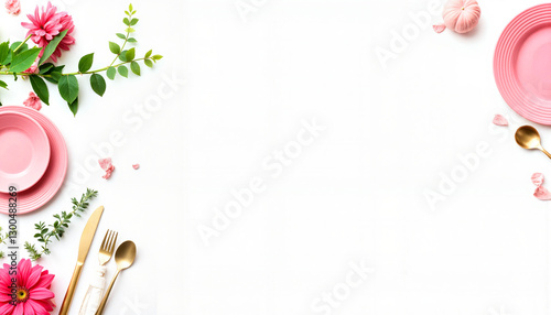 Elegant table setting with pink plates and flowers on white background