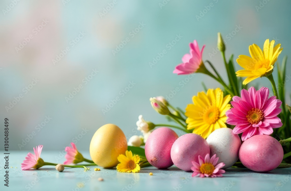 Colorful Easter eggs with fresh spring flowers, vibrant and joyful composition Colorful Easter eggs with fresh spring flowers, vibrant and joyful composition