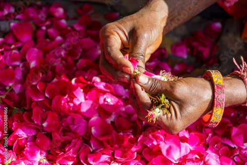 India. Rajasthan. Jaipur. Flower market. Close-up of an Indian woman's hands sorting rose petals commonly used in Indian rituals, festivals and decorations