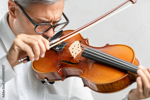 master luthier with magnifying glasses tuning newly restored Stradivarius violin, testing tone quality in acoustically designed studio space photo