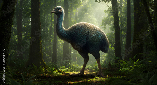 Moa Bird Standing Tall in a Lush Forest with Sunlight Streaming