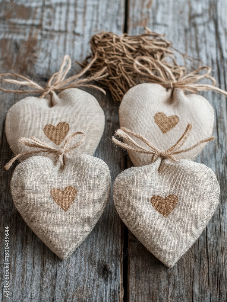 Fototapeta premium Four linen pouches with hearts on a wooden table, showcasing eco-friendly wedding favors.