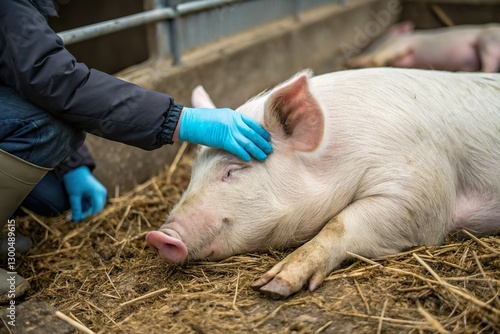 vet hand check on sick pig in. Livestock farm disease control