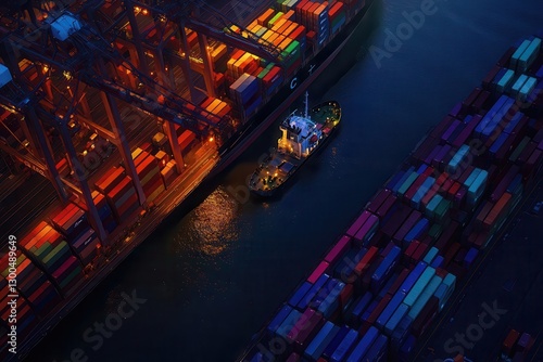 Cargo ship navigating busy port at night with colorful shipping containers, industrial transport, logistics operation, maritime trade, aerial view scene. photo