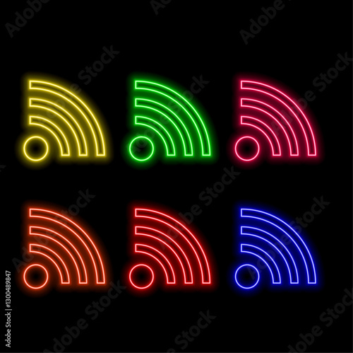 3d wifi neon light symbol technology vector effect. Abstract wireless wave sign glow icon. Sound scan echolocation line concept. Futuristic radial mobile phone spot disc. Concentric sonar antenna