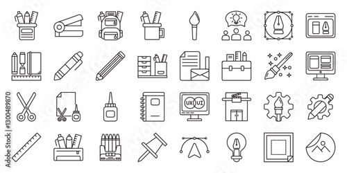 school supplies set of web icons in line style. stationery, pen, pencil, eraser, ruler, notebook and marker. Vector illustration
