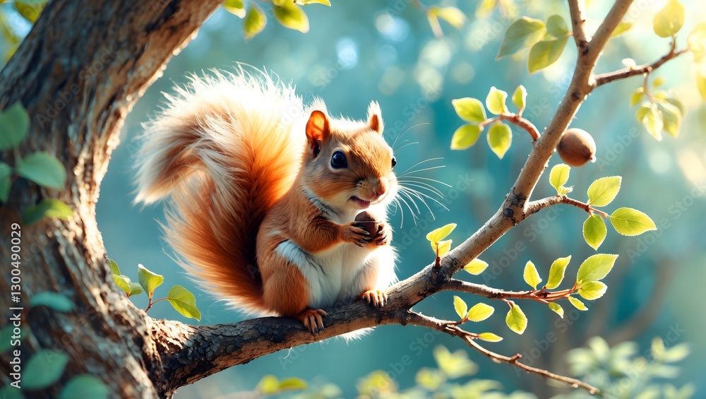 Fototapeta premium Squirrel Sitting On A Branch Surrounded By Green Leaves In A Sunlit Forest