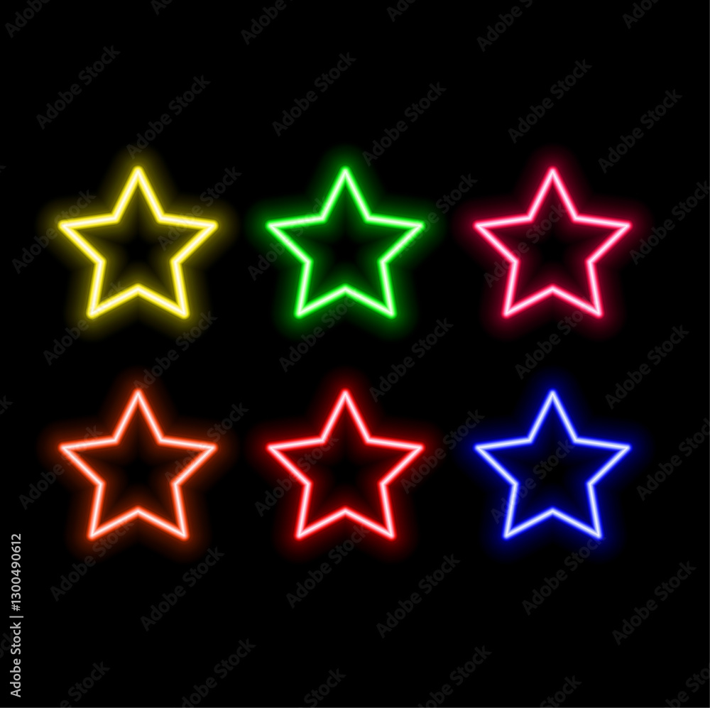 Set of star shape neon lighting on yellow and orange background. Vector illustration. Set of star shape neon lighting on yellow and orange background. Vector illustration.