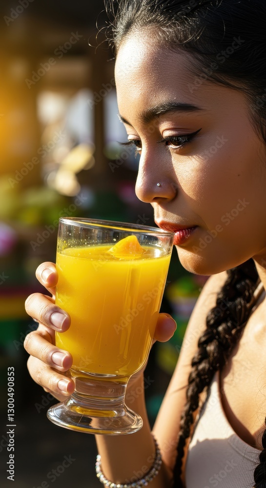Woman Enjoying a Refreshing Mango Juice Drink in the Golden Hour Woman Enjoying a Refreshing Mango Juice Drink in the Golden Hour