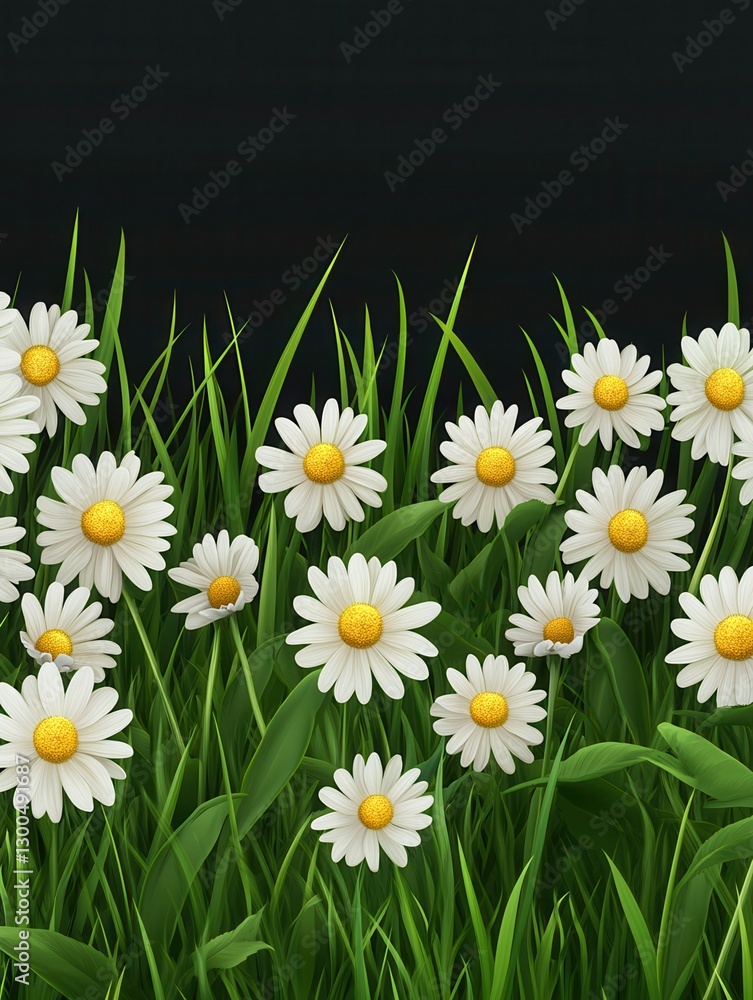 Fototapeta premium Chamomile field. Green grass, flowers and herbs border. Natural park or meadow isolated on transparent background. Blossom lawn vector banner
