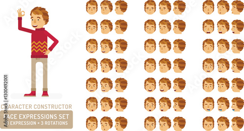 Vector young adult man in sweater character face expressions set in flat style: front, half-side and side view.
