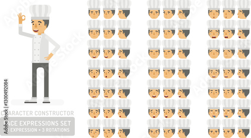 Vector young adult man in cook suit character face expressions set in flat style: front, half-side and side view.
