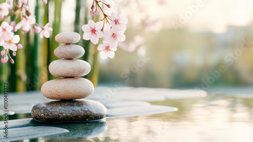 A balanced stack of smooth spa stones on a reflective water surface with delicate pink cherry blossoms and bamboo in the background, creating a serene and harmonious Zen atmosphere.