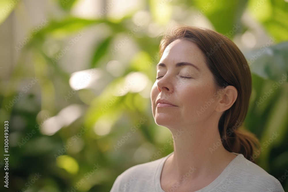 Serene Woman Practicing Mindfulness in Lush Green Environment, Representing Nature and Inner Peace, Relaxation and Well-being for Stock Photography Serene Woman Practicing Mindfulness in Lush Green Environment, Representing Nature and Inner Peace, Relaxation and Well-being for Stock Photography
