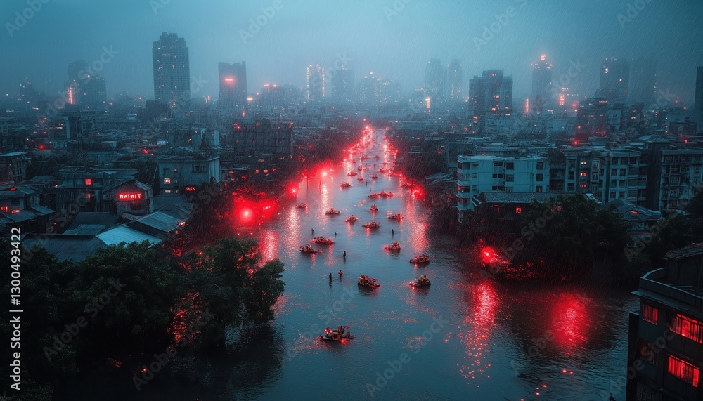 Obraz premium Nighttime Urban Flood Waterlogged City Street with Red Lights in Heavy Rain