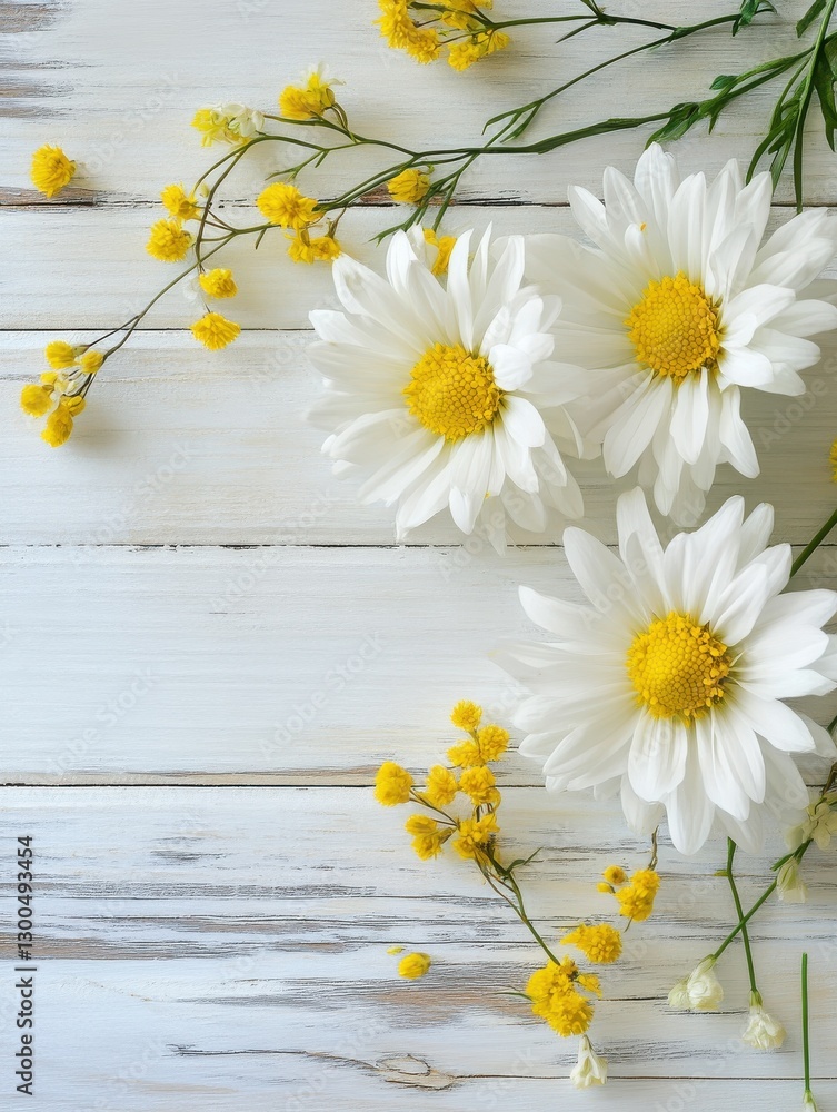 Obraz premium white chrysanthemum and yellow coltsfoot on white wooden background