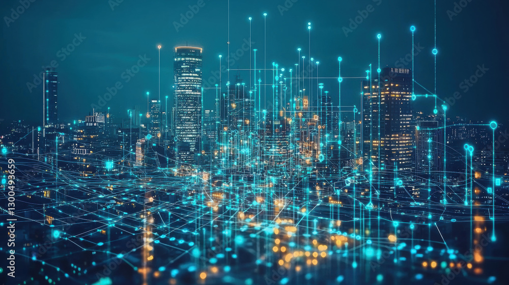 Futuristic smart city skyline at night with glowing blue digital network connections, representing advanced technology, IoT, big data, and artificial intelligence integration Futuristic smart city skyline at night with glowing blue digital network connections, representing advanced technology, IoT, big data, and artificial intelligence integration