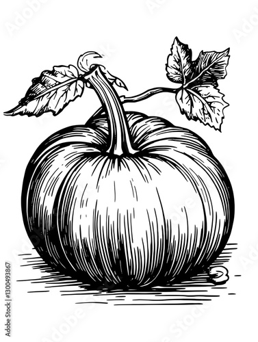 Vector engraved illustration of a pumpkin featuring detailed textures and natural elements showcasing autumn harvest