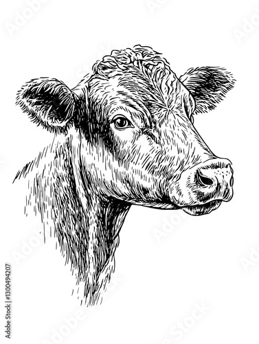Detailed vector engraved illustration of a cow's head showcasing realistic features and textures