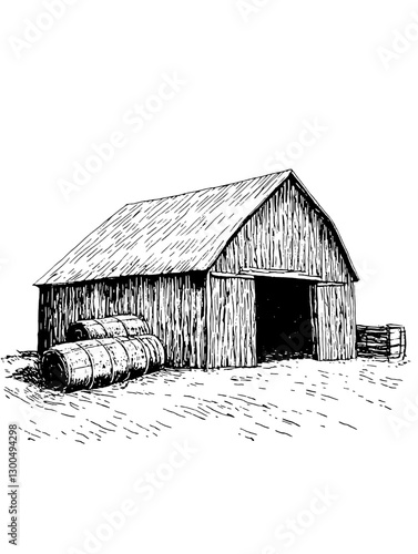 Rustic barn with stacked hay bales in a tranquil rural setting during daylight