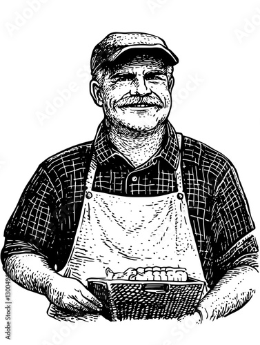 Smiling vendor holding tray of freshly prepared snacks in a bustling marketplace setting