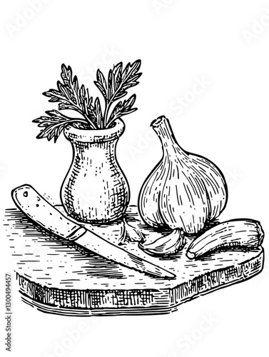 Detailed vector engraved illustration featuring fresh herbs and garlic on a wooden cutting board with a knife