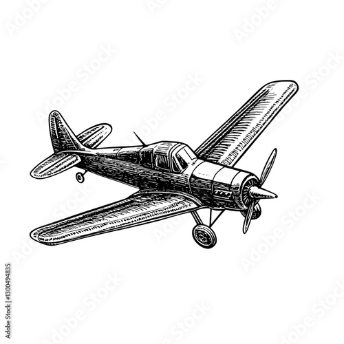 Vector engraved illustration of a vintage aircraft in flight showcasing its detailed design and craftsmanship