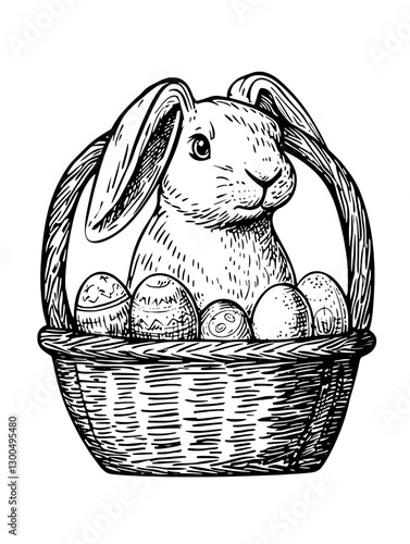 Engraved illustration of a rabbit sitting in a basket filled with decorated eggs for an Easter celebration