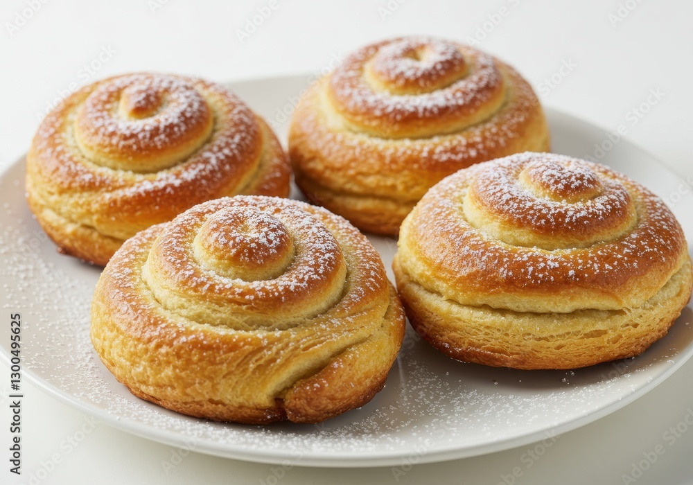 A close-up shot captures four golden-brown pastries on a white plate, arranged against a clean white background. T A close-up shot captures four golden-brown pastries on a white plate, arranged against a clean white background. T