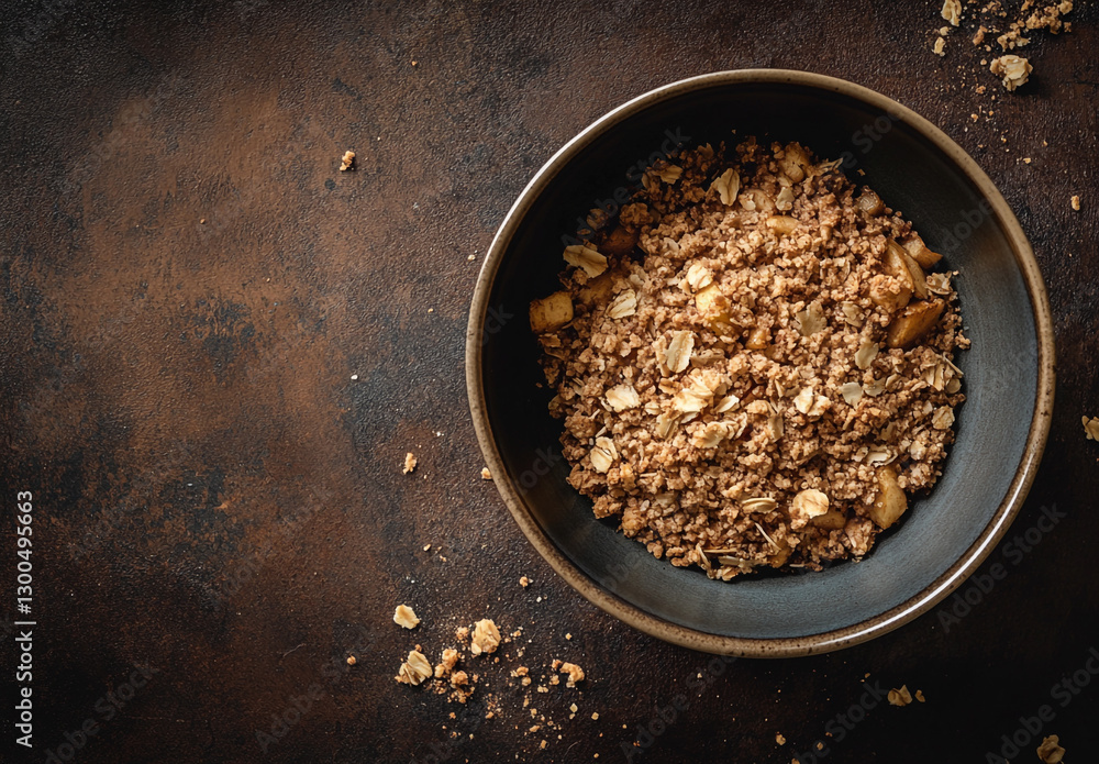 Warm Apple Crumble in a Ceramic Bowl on a Brown Wooden Background Warm Apple Crumble in a Ceramic Bowl on a Brown Wooden Background