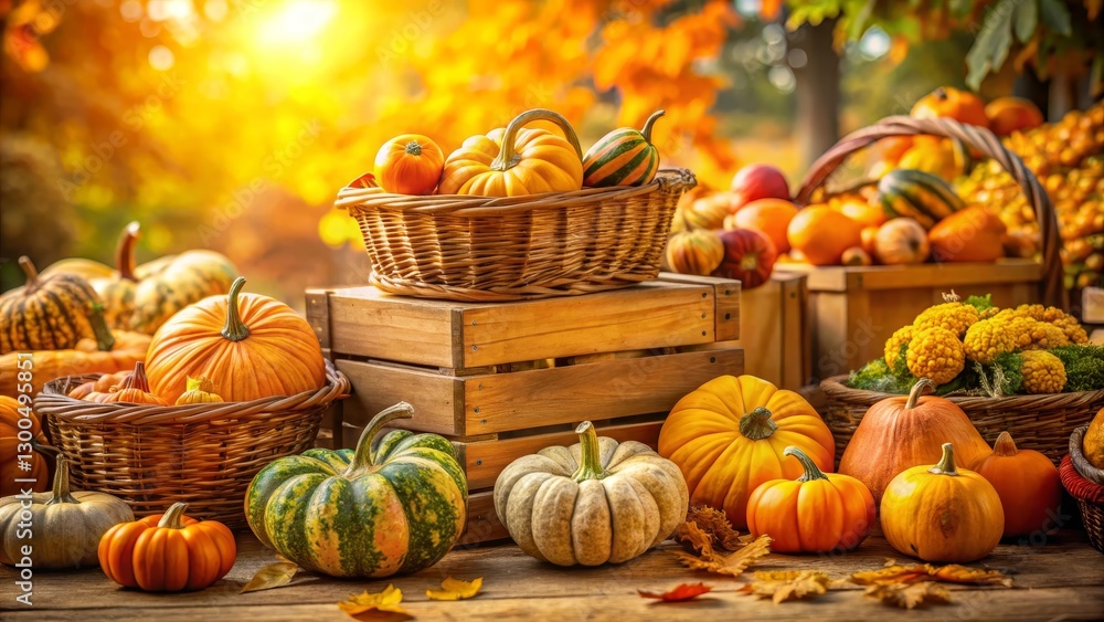 Autumn Harvest Bounty A Colorful Display of Gourds and Pumpkins in Rustic Wooden Baskets and Crates Autumn Harvest Bounty A Colorful Display of Gourds and Pumpkins in Rustic Wooden Baskets and Crates