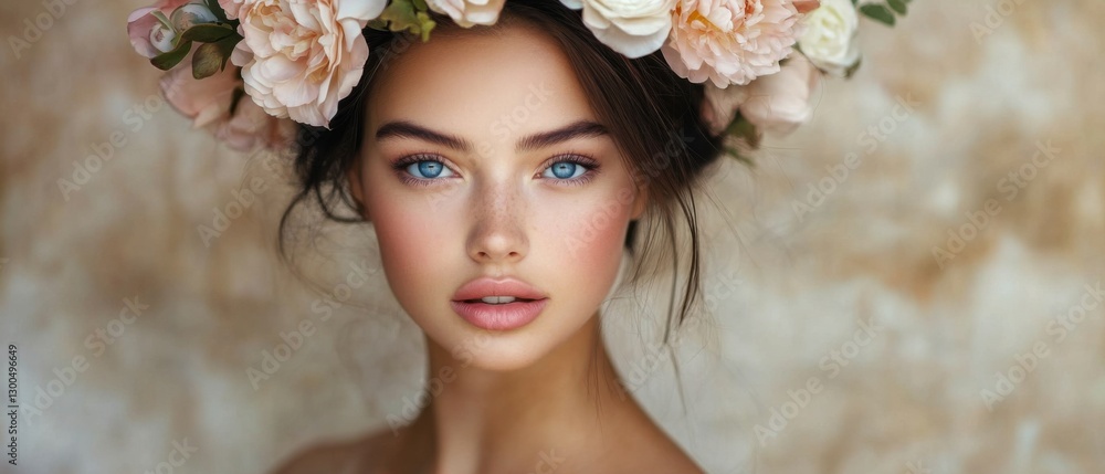 Portrait of a beautiful Caucasian woman with flower crown, blue eyes, and freckles Concept of beauty, spring, and natural elegance Portrait of a beautiful Caucasian woman with flower crown, blue eyes, and freckles Concept of beauty, spring, and natural elegance