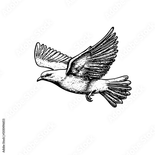 Vector engraved illustration of a bird in flight showcasing wings and feathers with intricate detailing
