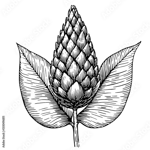 Intricate vector engraved illustration of a pine cone with detailed leaves showcasing nature's artistry and design