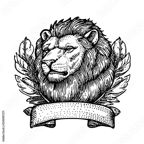 Vector engraved illustration of a lion head surrounded by leaves and a blank banner for customization