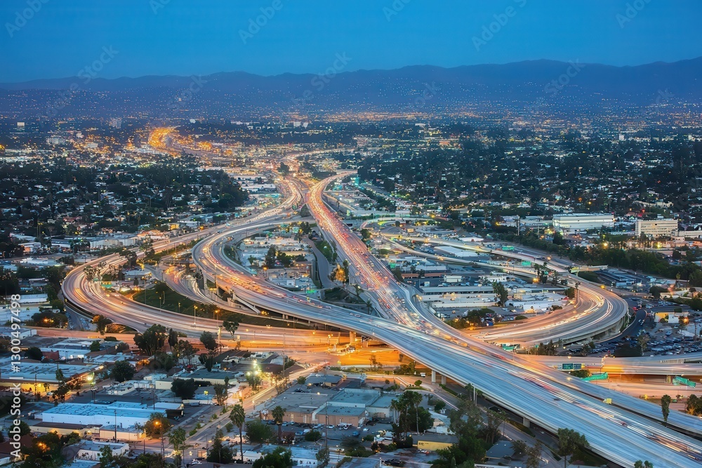 Fototapeta premium City skyline at dusk featuring busy highway interchange with traffic lights and urban landscape showcasing modern architecture and vibrant city life.