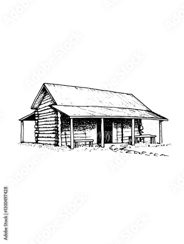 Rustic wooden cabin with covered porch and surrounding landscape in a tranquil setting