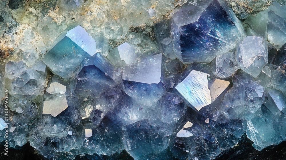 Obraz premium a detailed view of a crystalline mineral surface, sparkling with shades of blue, green, and purple under soft light.