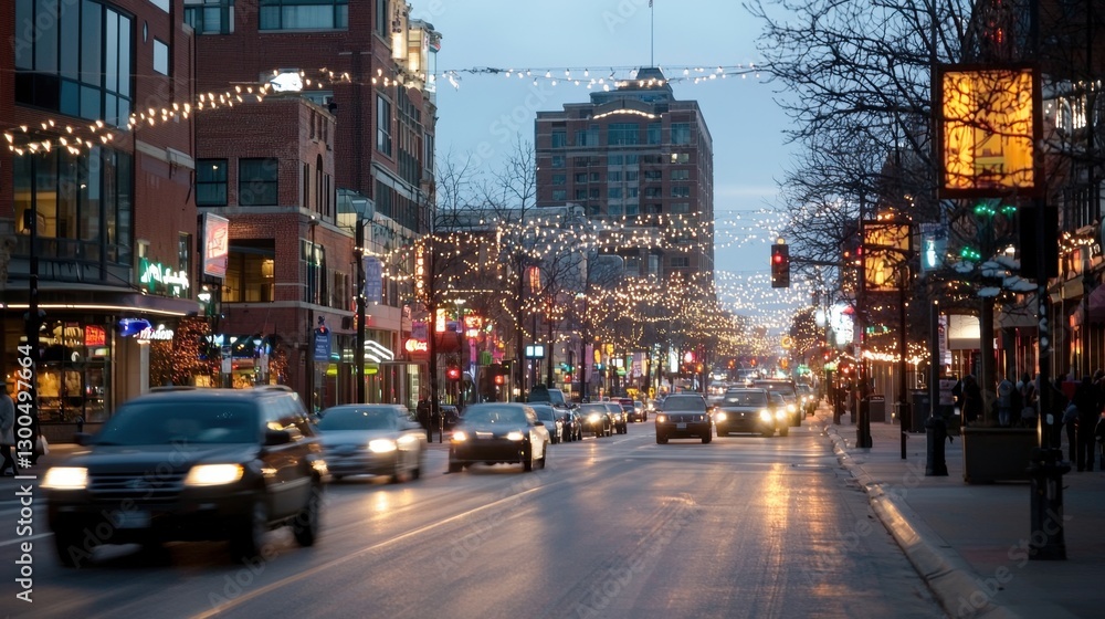 Naklejka premium Twilight envelops a lively city street filled with colorful festive lights. Vehicles traverse the road, and pedestrians enjoy the vibrant atmosphere amid holiday decorations