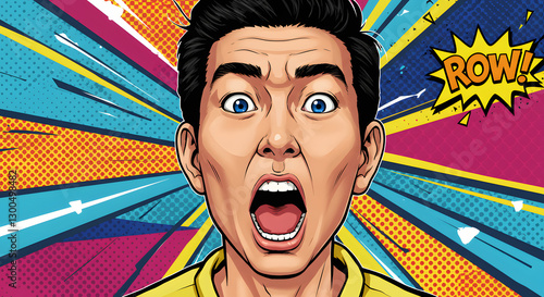 Man Showing Shock in Pop Art Style Against Colorful Background