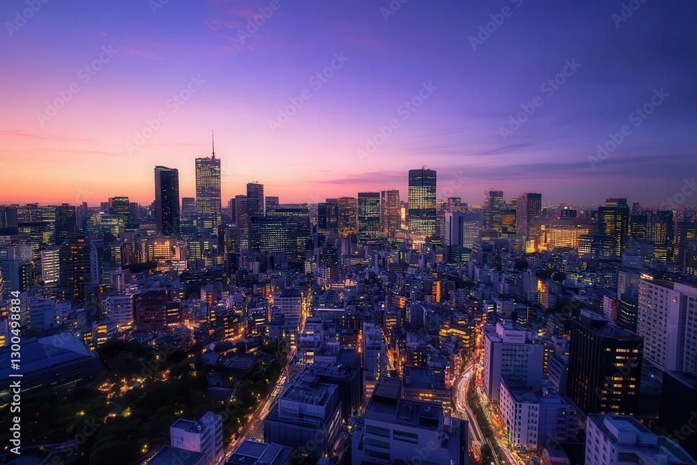 Fototapeta premium City skyline sunset aerial view with skyscrapers illuminated at twilight, urban landscape, travel destination, modern architecture, evening cityscape.