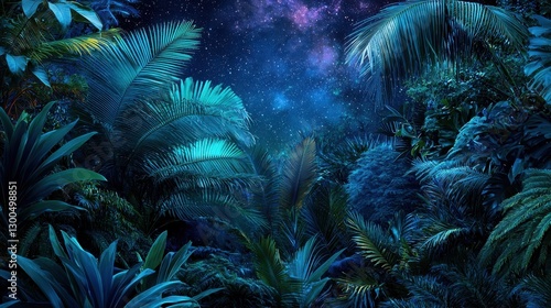 A dense jungle is illuminated by the soft glow of a starry night. Lush green plants thrive in the darkness, creating a vibrant and enchanting atmosphere