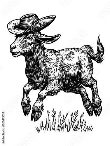 Goat wearing a cowboy hat runs playfully through a grassy field in a detailed vector engraved illustration