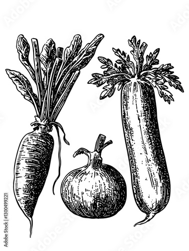 Vintage vector engraving of assorted vegetables including radishes, onions, and turnips on a plain background